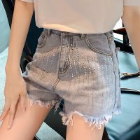 Celana Pendek Denim เพชรสดใสเอวสูงขอบบางและขากว้าง