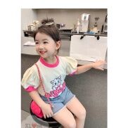 Set Bộ Áo Cotton Tay Bồng Mèo Hồng+ Quần Bò Đùi Dành Cho Bé Gái 8-25kg 1-8
