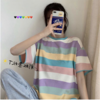 koki2shop -เสื้อยืดลายทาง-สีพาสเทลสุ่มสี-สไตล์oversize ผ้านิ่มใส่สบายสุดๆ พร้อมส่ง#370