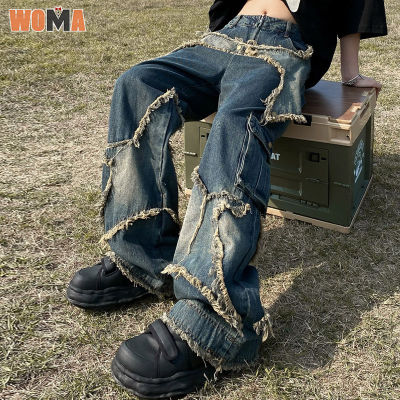 WOMA กางเกงยีนส์ขาตรงวินเทจของผู้ชายกางเกงขากว้างแนวไฮสตรีทกางเกงยีนส์ฮิปฮอปอเมริกันกางเกงยีนส์ขายาว