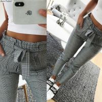 BornToGirl 2022 Fashion Casual Pencil Pants For Women Streetwear High Waist Gray Plaid Capris Pants Trousers