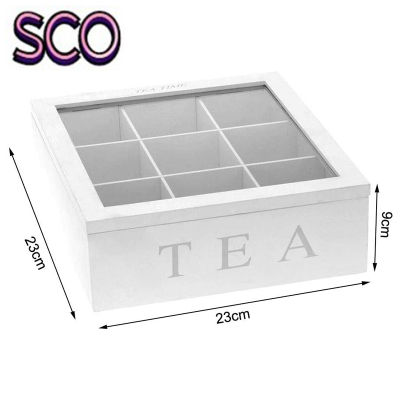 SCO 9 Cells ฝาปิดที่มองเห็นได้กล่องเก็บของพร้อมกับไม้สำหรับถุงชาเครื่องประดับสไตล์วินเทจกาแฟขนาด23*23*9ซม.