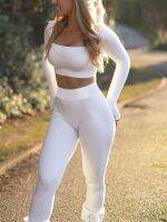 【DT】hot！ 2 Pieces Outfits Color Neck Sleeve Crop and Waist Leggings Pants Tracksuits