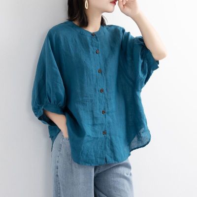 [Spot] cotton and linen shirt Womens lantern sleeve retro artistic top loose slimming middle sleeve plus size shirt Women 2023