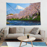 Mount Fuji Spring Cherry Blossom Tapestry with Pink Macrame Flower Wall Hanging Scenic Aesthetic Room Bedroom Decor Rectangle