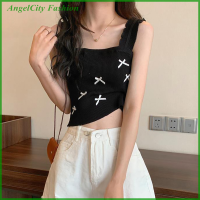 AngelCity เสื้อสายเดี่ยวถักสำหรับผู้หญิงเสื้อกล้ามแขนกุดสีทึบมีโบว์หวานๆสำหรับฤดูร้อน