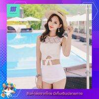 ?SexyBeach (S-XL) ชุดว่ายน้ำทูพีซ สีขาวลายลูกไม้ หลังซีทรู กางเกงเอวสูงขาเว้า บิกินี่ ชุดเที่ยวทะเล (SB87)