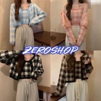 Zero shop?พร้อมส่ง? (Zero-87001+87001-1)เสื้อคลุมไหมพรม+เสื้อกล้ามไหมพรม ลายตารางสีพาสเทล