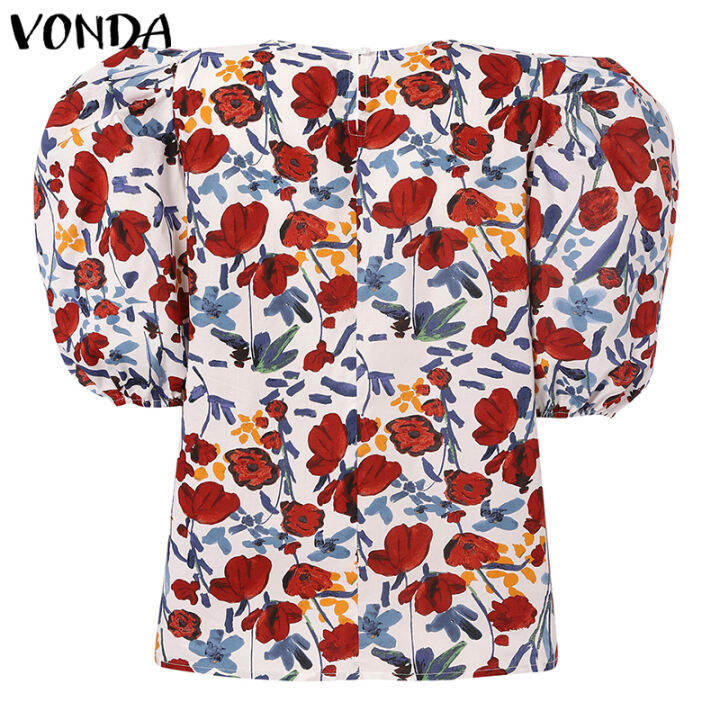 จัดส่งฟรี-fancystyle-vonda-เสื้อยืดพิมพ์ลายคอกลมลายดอกไม้ชายหาดวันหยุดผู้หญิงเสื้อปลายแขนบานวินเทจโบฮีเมียน