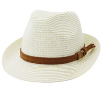 HT3618ฤดูร้อนดวงอาทิตย์หมวกผู้ชายผู้หญิงปีกสั้นแจ๊ส T Rilby Fedora หมวกชายหญิงฟางชายหาดหมวกปานามาเข็มขัดหนังชายหาดหมวกผู้ชาย