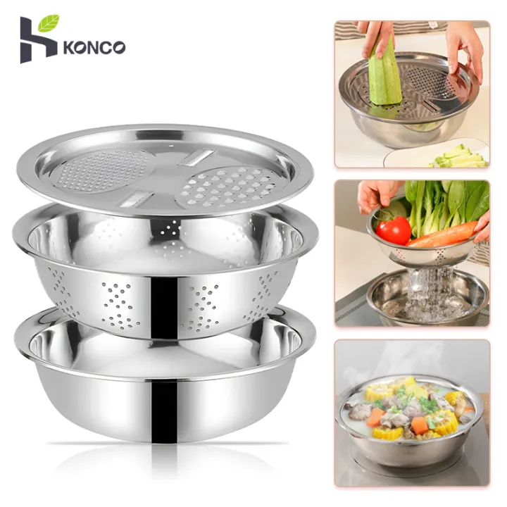 Konco 3in1 Vegetable washing basins with Grater Slicer stainless steel ...