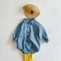 [COD] 2022 spring clothes baby girl one hundred day denim long-sleeved romper one-piece triangle