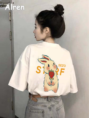 Tihik เสื้อยืดแขนเสื้อแขนสั้นคอกลมพิมพ์ลายกระต่ายแฟชั่นการ์ตูนน่ารักขนาดใหญ่ของเกาหลีสำหรับผู้หญิง