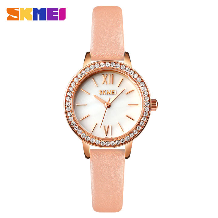 skmei-นาฬิกาของผู้หญิงแฟชั่นผู้หญิงนาฬิกาควอทซ์สบายๆสแตนเลสสายหนังกันน้ำชุดเสื้อผ้าของขวัญนาฬิกา