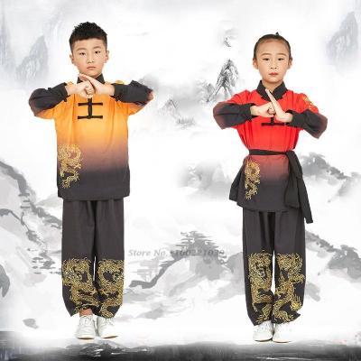 2023ชุดจีนโบราณชุดกังฟูสำหรับเด็กชุดวูซูปีกชุนไทชิชุดสูทศิลปะการแสดงพื้นบ้าน