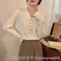 ◎┇ French style V-neck soft glutinous milk apricot knitted sweater spring new style ins temperament pit strips with long-sleeved pullover top