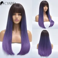 Cosplay Long Straight Purple Ombre Hair Synthetic Wigs For White Women With Bangs Nutural Female Daily Heat Resistant Fiber Wig Wig  Hair Extensions P