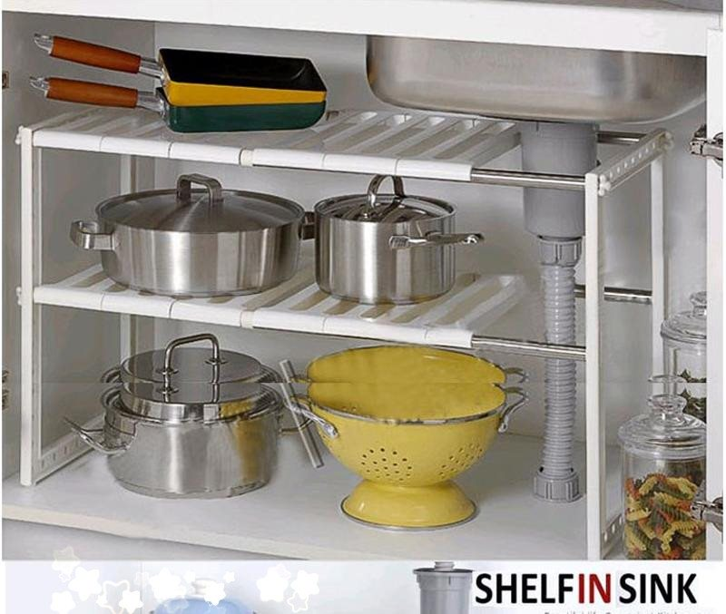 KITCHEN RACK ORGANIZER ADJUSTABLE REMOVABLE UNDER SINK STORAGE TIDY SHELF UNIT 