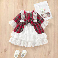 【Beautywoo】เด็กผู้หญิงชุดคริสต์มาสสำหรับ1-7Y เจ้าหญิงเด็กวัยหัดเดินลูกไม้ Flare Sleeve Plaid Layered Party Gown Elegant Xmas Dress