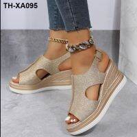 ?☼♀卍 Large size belt buckle wedge sandals womens summer new mid-heel muffin thick-soled hollow fish mouth