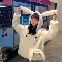 HOUZHOU Bunny Ear Hoodies Women Warm Kawaii Babbit Bag Hooded Oversize Female Autumn Winter Cute White Sweatshirts Korean Style