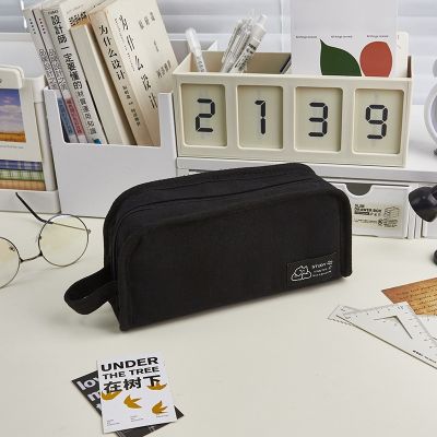 ♨◑ Ins Simplicity Pencil Case Solid Color White Black Canvas Pencil Bag High Capacity Stationery Storage Bag School Student Supply