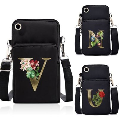 26 Alphabet Golden Flower Print Shoulder Bags Men Mini Phone Bags Universal for Samsung/xiaomi/iphone CrossBody Bag for Women