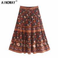 Vintage chic women Hippie beach Bohemian floral print rayon cotton skirt High Waist tassel Midi A-Line Boho Skirts Femme