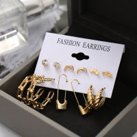 6pcsset Retro Gold Joint Chain Big Circle Earrings Pearl Butterfly Star Moon Stud Earring Women Jewelry Accessories