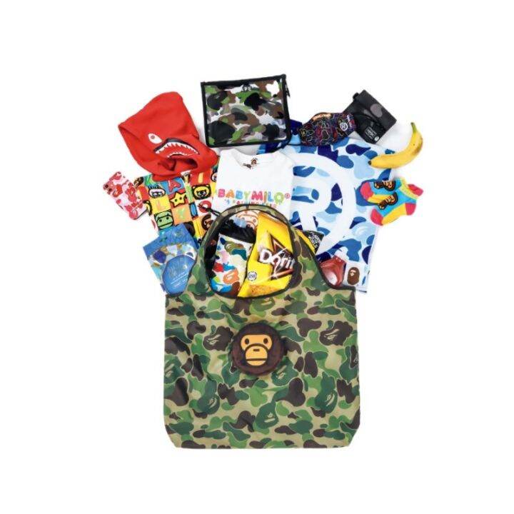 bape-สะพายไหล่ข้างเดียวสีเขียวสำหรับผู้ชายกระเป๋าถือสองชิ้นกระดุมแบบกดติดถุงผ้าสำหรับชอปปิ้งกระเป๋าทรงกลมขนาดเล็ก