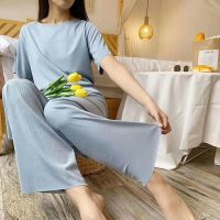 2023 Summer Suit for Women French Solid Color Ice Silk Sleepwear Pajamas Two Piece Set Home Wear Nightwear Comfortable Pyjamas