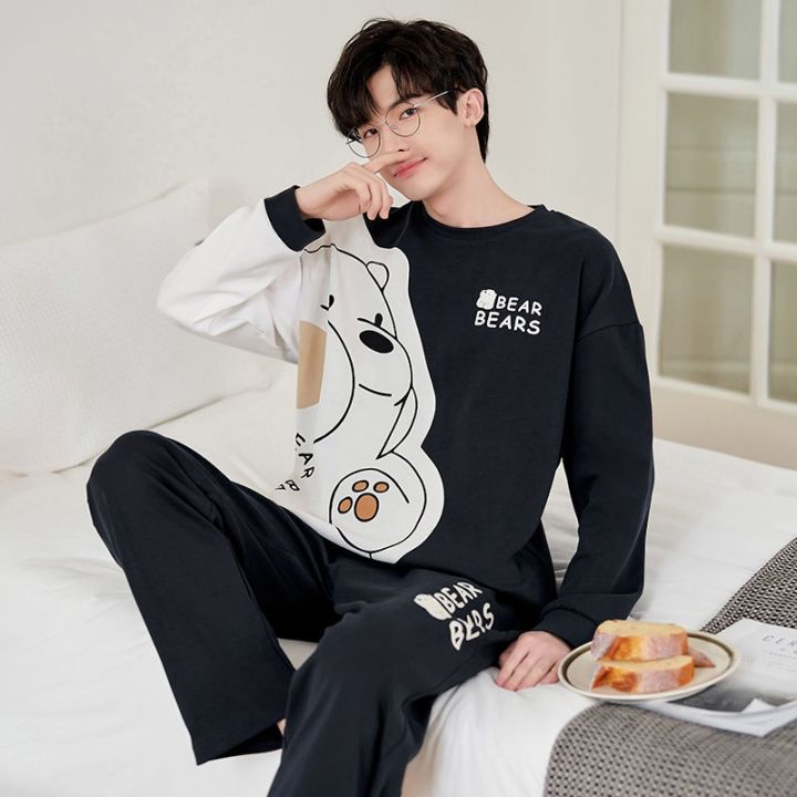 muji-high-quality-new-pajamas-mens-spring-and-autumn-cartoon-cotton-long-sleeved-youth-high-school-students-can-wear-home-clothes-set