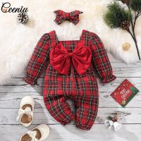 Ceeniu Baby Girls Christmas Romper Red Plaid Bowknot Jumpsuit Overalls For Girls Christmas Clothes 2024 Baby New Year Costume