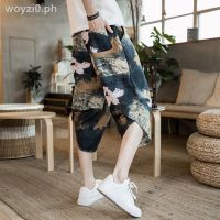 Summer bloomers men s cotton wide-leg feet loose large size Chinese style seven-point beach harem casual shorts