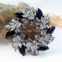 Silver Plated Black and Grey Rhinestone Crystal Diamante Wreath Floral Brooch