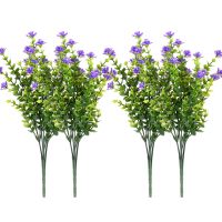 4pcs Fake Plants Artificial Greenery Shrubs Eucalyptus Branches with Purple Babys Breath Flower Plastic Bushes House Office Garden Patio Yard Indoor Outdoor Decor
