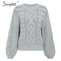 Simplee Autumn winter women knitted sweater Elegant lantern sleeve thick female sweater Hollow out fashion ladies sweater 2019