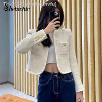 ❀❦ sdeifhruhvfu Streetwear coreano y2k moda elegante jaquetas brancas para mulher 2023 o pescoço curto lã mistura casaco feminino outwears