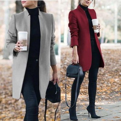 I -Jewelry Fashion Women Woolen Coat Office Lady Autumn Solid Color Stand Collar Woolen Warm Clothings M-5XL