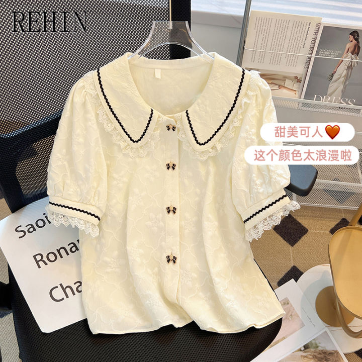 rehin-เสื้อผู้หญิงคอตุ๊กตาเรโทรฝรั่งเศสเสื้อเสื้อลายลูกไม้2023ฤดูร้อนการออกแบบความรู้สึกทันสมัย
