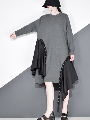 XITAO Dress Women Irregular Long Sleeve Sequins Patchwork Dress