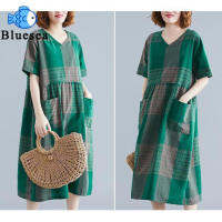 Maternity Dresses Soft Loose Short-sleeved Plaid Dress With Pocket V-neck H Type Mid-length Pullover A-line Skirt Classic Retro Plaid Dress