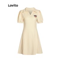 Lovito Preppy ชุดเดรสโปโล คอปก แขนพอง สีพื้น สําหรับผู้หญิง L36ED042 (สีแอปริคอท)