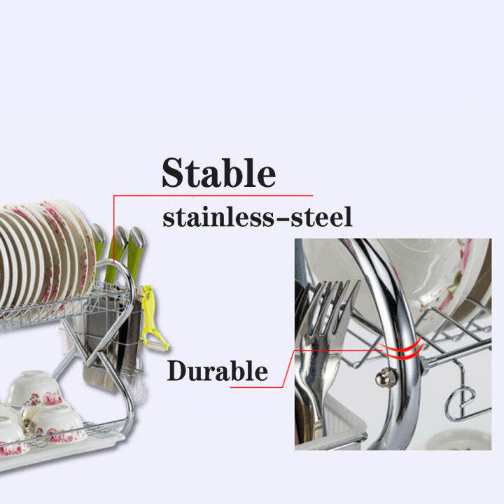 2ชั้นสแตนเลสชั้นวางจานครัวถ้วยแห้งถาดคว่ำจานที่ใส่ช้อนส้อม