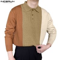 Incerun เสื้อโปโล แขนยาว สีตัดกัน สไตล์เกาหลี ลําลอง สําหรับผู้ชาย