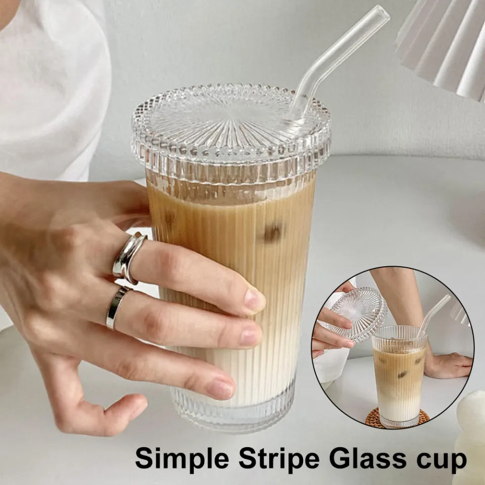 Ins Vertical Stripes Glass Cups with Lids and Straws Clear Glass