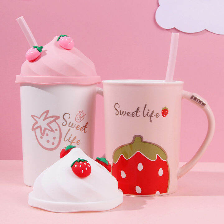 kawaii-strawberry-ice-cream-mug-coffee-cup-cute-ceramic-tea-mug-with-silicone-lid-s-straw-cups-student-girl-drink-water-cup