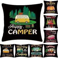 {ความคิดสร้างสรรค์ของตกแต่งบ้าน} เคสหมอนธีมแคมป์ปิ้งกลางแจ้ง Happy Camper พิมพ์ลายตัวอักษรรถปลอกหมอนปลอกหมอนโซฟาตกแต่งบ้านที่ทันสมัย