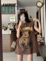 เสื้อยืดลายหมีแนวสตรีทแบรนด์ทอดเกลือ CACNCUT สำหรับนักเรียนหญิงฤดูร้อน2023ใหม่หลวมเพื่อสวมใส่นอกเสื้อกั๊กแขนกุด
