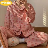 Wintin Ins Style Strawberry Sweet Spring and Autumn Summer Long-Sleeve Cardigan Pajamas Womens Spring Pajama Pants Two-Piece Suit Home Wear